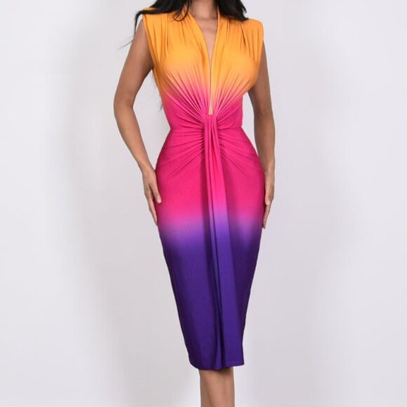 OMBRE PRINT SLEEVELESS MIDI DRESS - Picture 1 of 12